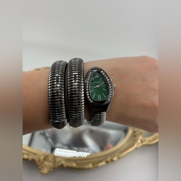 Gunmetal Coil Bracelet Watch with Green Dial โ Statement Stretch Watch - Picture 9 of 10